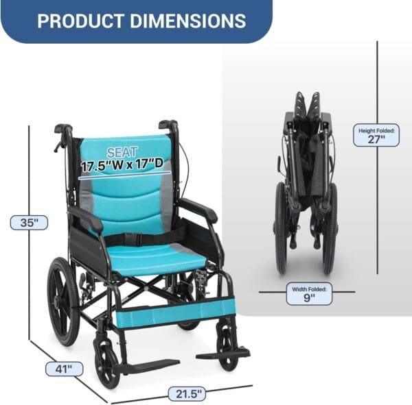 Wheel Chair for Adults with Swing-Away Footrest and Loop-Lock Handbrakes 17.5 inch Seat Wheel Chair 15" Rear Wheel Lightweight Transport Chair for Travel Compact Storage, 250 lbs - Image 2