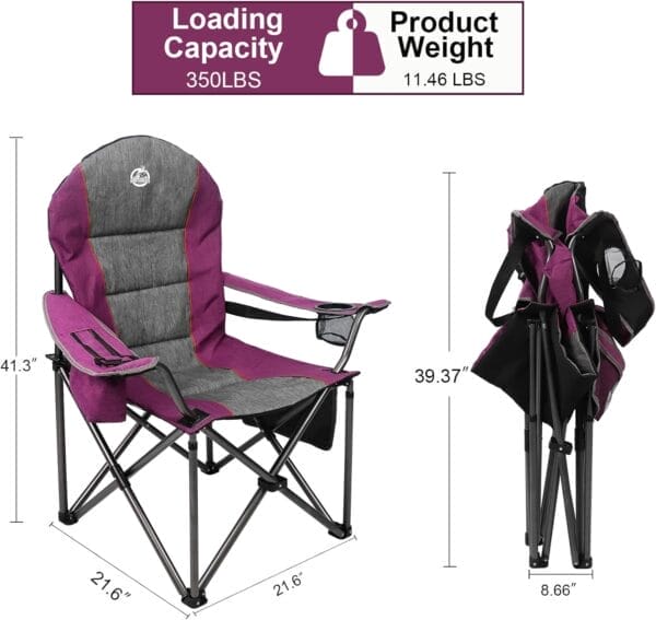 Oversized Portable Camping Chair, Full Padded Outdoor Folding Chair Support 350 LBS, Heavy Duty Lawn Chair with Cup Holder, Cooler Bag, Lumbar Support, Head Pocket for Adult (Purple) - Image 3