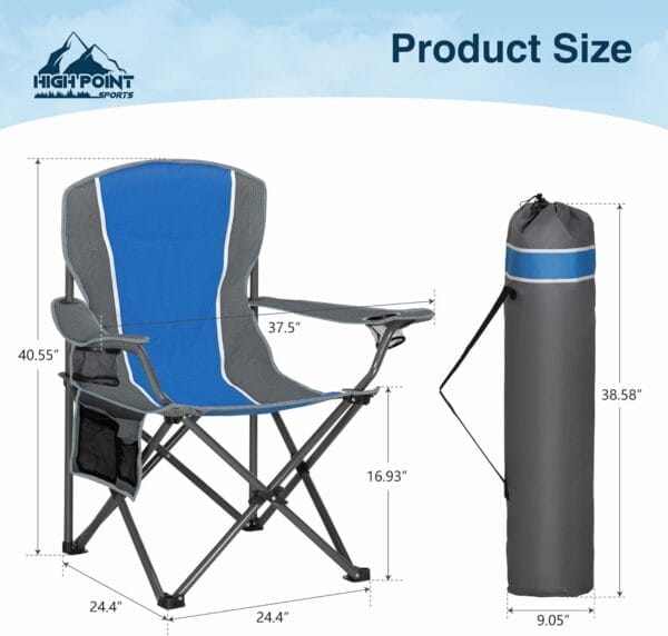 Portable Camping Chair, Heavy Duty Outdoor Folding Chair with Armrest, Foldable Camp Chair with Cup Holder, Portable Lawn Chair for Adults Support 350 LBS, Blue-Gray - Image 2