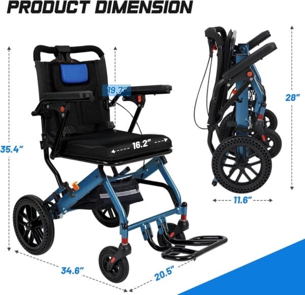 20 LBS Lightweight Foldable Transport Wheelchair for Adults & Seniors - 10” Honeycomb Tires, Double Handbrake, Aluminum Frame, Holds 220 LBS, Portable for Travel & Daily Use - Image 3