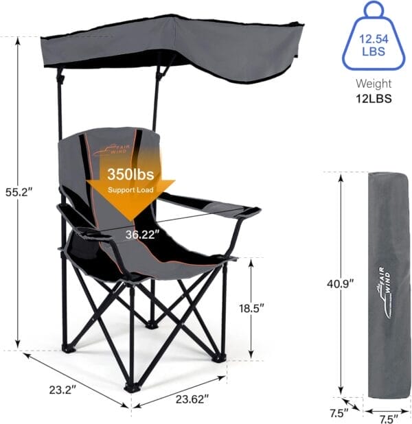 FAIR WIND Oversized Camping Lounge Chair with Adjustable Shade Canopy, Heavy Duty Quad Fold Chair Arm Chair - Support 350 LBS (Black Grey) - Image 2