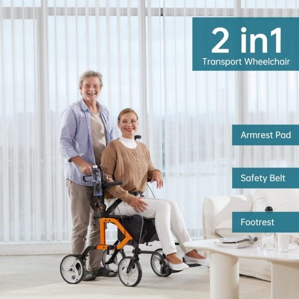 ELENKER 2 in 1 Rollator Walker & Transport Chair, Folding Wheelchair with 10” Non-Slip Wheels for Seniors, Reversible Backrest & Detachable Footrests, Orange - Image 2