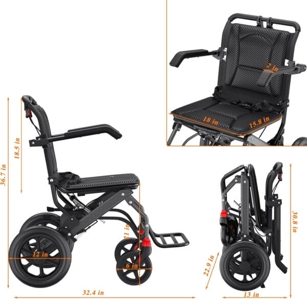 (18" Seat Width) Portable Transport Wheelchair Foldable Lightweight Travel Wheelchair with Telescopic Handle for Senior and Adults with Handbrakes Support 220lbs - Image 3