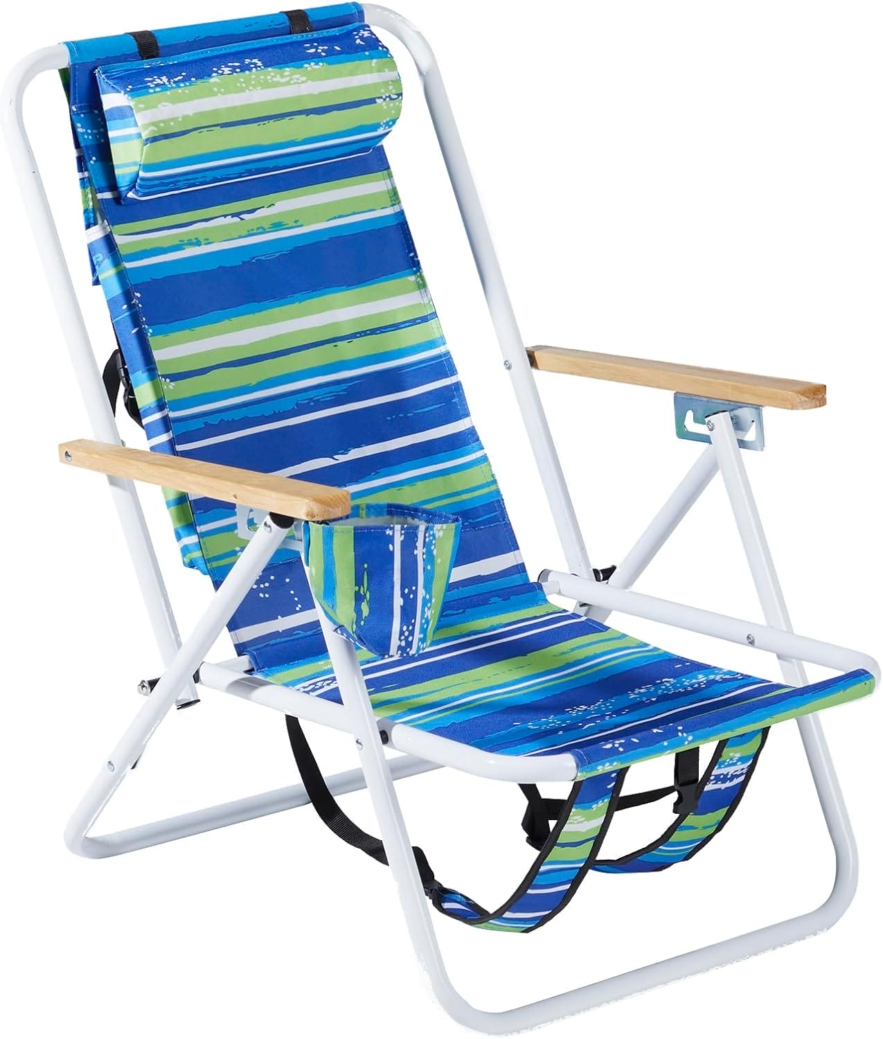 Outvita Folding Beach Chair Adjustable Headrest w/4 Flexible Tilt Angle, Cup Holder Portable High Strength Cleanable Fabric, for Sand Camping Lawn Concert Travel Festival