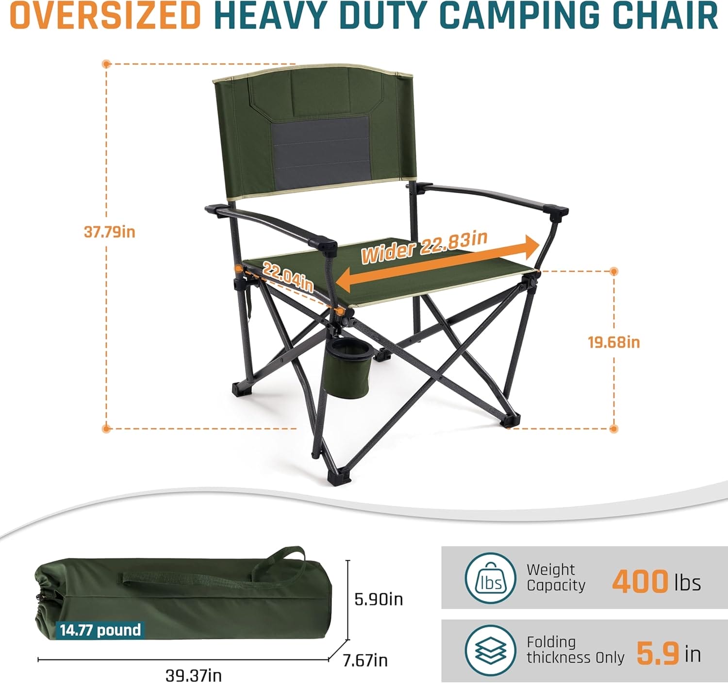 Heavy Duty Folding Camping Chair for Adults Oversized Camping Chairs Steel Frame Support 400 lbs, Metal Arm Lawn Chairs with Swivel Cup Holder, Hollow Backrest, Extra Large Outdoor Chairs, Green - Image 3