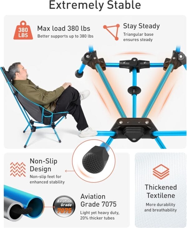 TOURIT Portable Folding Camping Backpack Chair with Head Support, High Back Stable Compact Outdoor Chair for Beach Picnic Travel Hiking, Supports 380 Lbs, Black - Image 5