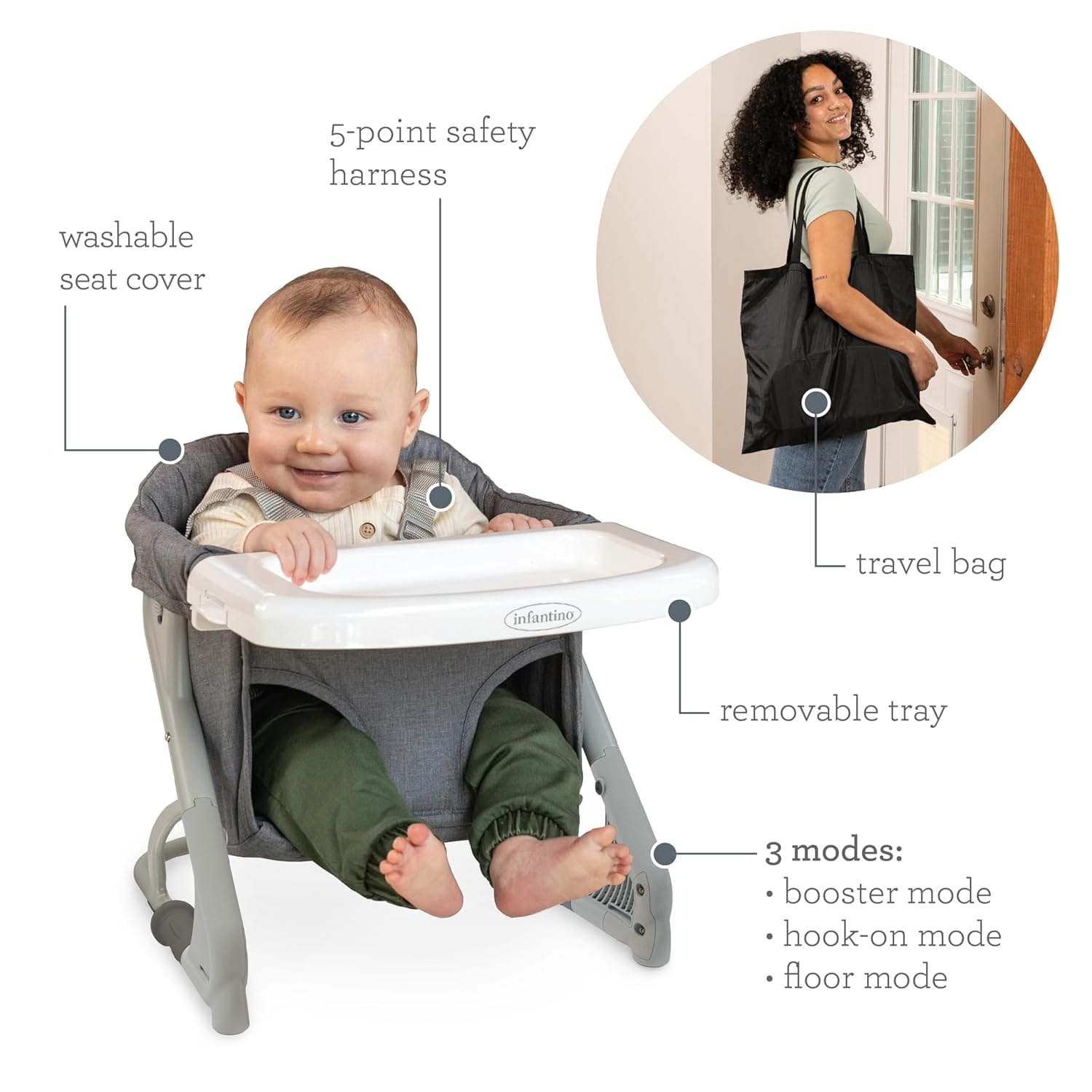 Infantino The Ultimate Travel Booster, Versatile and Travel-Friendly Booster, High Chair and Seat for On-The-Go Families, Gray - Image 5