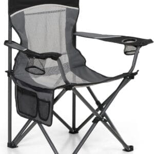 LET'S CAMP Mesh Back Camping Chair Portable Folding Heavy Duty Outdoor Chair Support 330 LBS Durable Large Arm Chair with Cup Holder and Carry Bag for Camp, Fishing, Hiking, Black