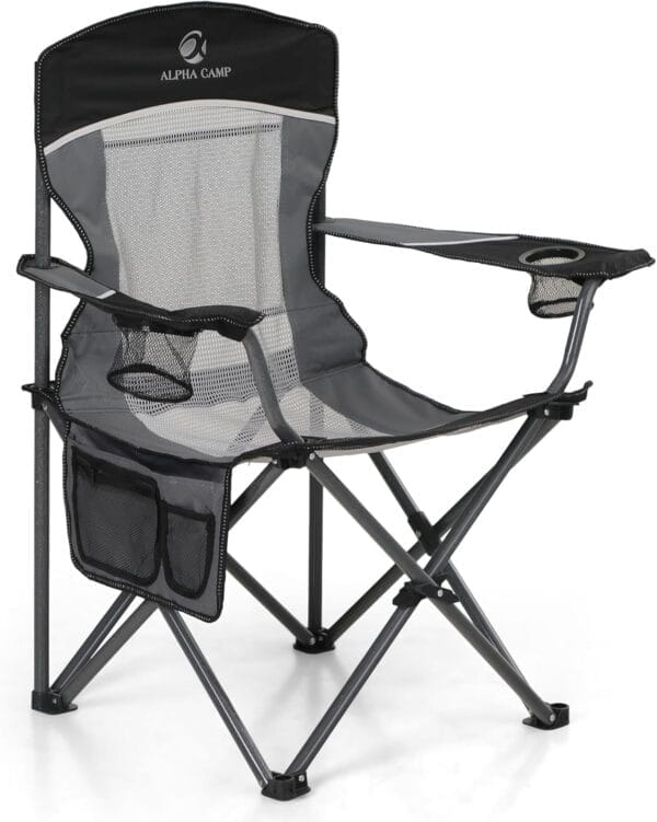 LET'S CAMP Mesh Back Camping Chair Portable Folding Heavy Duty Outdoor Chair Support 330 LBS Durable Large Arm Chair with Cup Holder and Carry Bag for Camp, Fishing, Hiking, Black