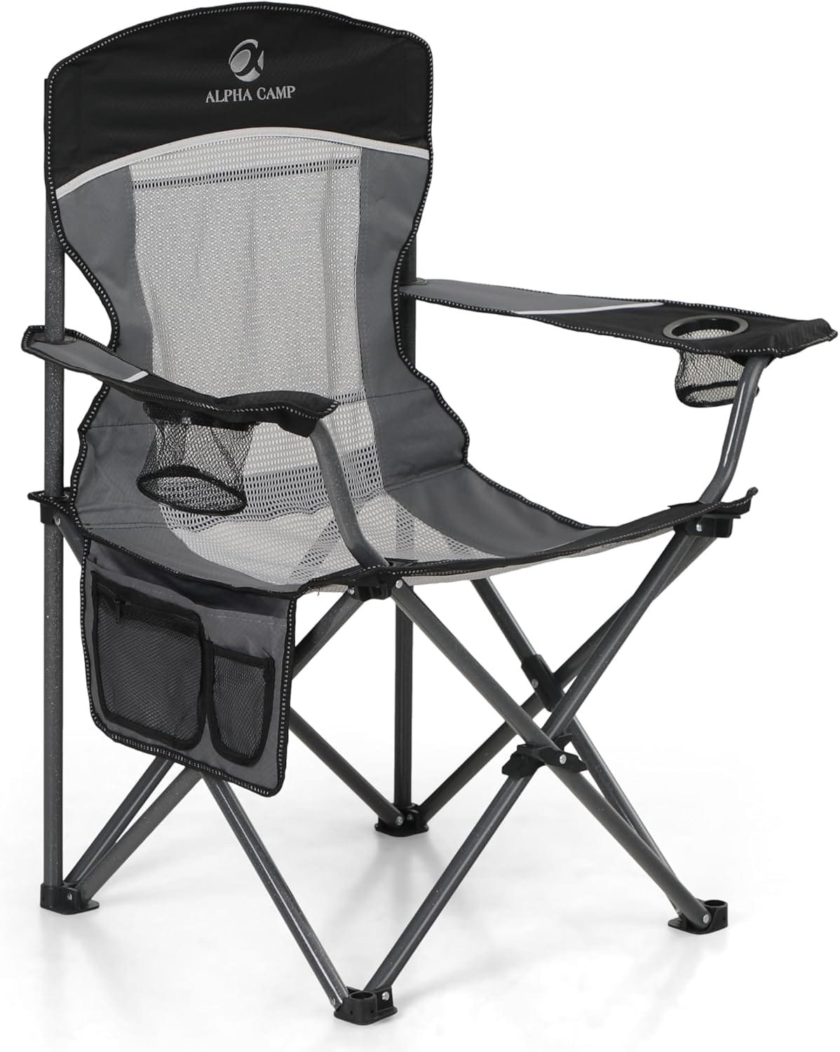 LET'S CAMP Mesh Back Camping Chair Portable Folding Heavy Duty Outdoor Chair Support 330 LBS Durable Large Arm Chair with Cup Holder and Carry Bag for Camp, Fishing, Hiking, Black