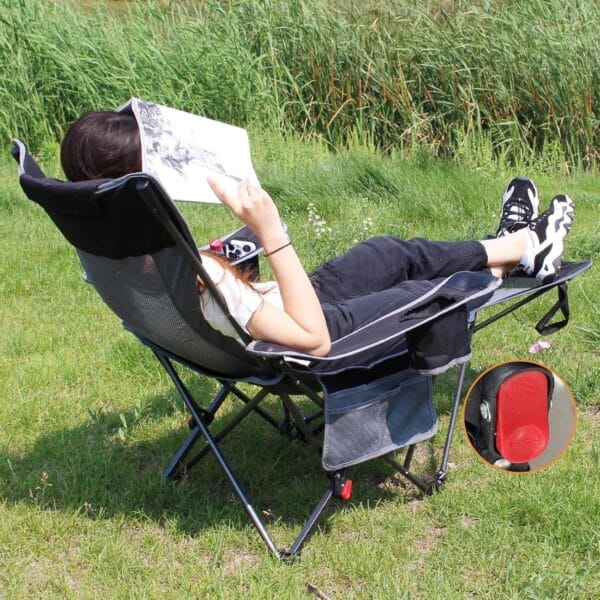 Reclining Camping Chair with Removable Footrest Lounge Chair with Headrest, Cotton Cushion, Portable Adjustable Folding Chairs for Adults Black - Image 2