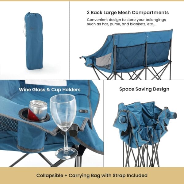 ARROWHEAD OUTDOOR Portable Folding Double Duo Camping Chair Loveseat w/ 2 Cup & Wine Glass Holder, Heavy-Duty Carrying Bag, Padded Seats & Armrests, Supports up to 650lbs, USA-Based Support - Image 5