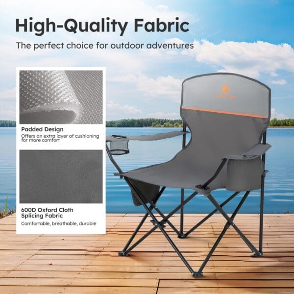 LET'S CAMP Camping Chair 2 Pack Folding Chair with 3-Can Cooler Bag Portable Lawn Chair with Cup Holder,Storage Pocket, Supports 225LBS, Collapsible Chair for Camp, Beach, Picnic (Grey) - Image 6