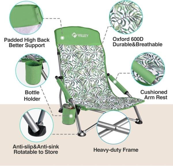 VILLEY Low Beach Chair, High Back Folding Beach Chair for Adults, Lightweight and Portable for Outdoor, Beach, Camping, Lawn, Music Festival, with Cup Holder and Carry Bag-Green Tropical Leaves - Image 6