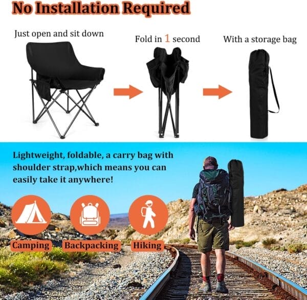 Joyfair Outdoor Camping Chair for Adult, Large Portable Folding Moon Chairs with Carry Bag for Patio Beach, Fishing, Lawn and More Outdoor Sports, 600D Oxford Fabric & Heavy Duty Steel (1, Black) - Image 7