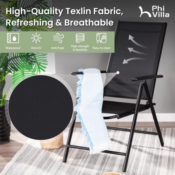 PHI VILLA Outdoor Patio Folding Chairs Set of 2, Portable Patio Dining Chairs with Adjustable Backrest for Outside, Garden, Lawn & Yard, No Assembly, Black - Image 5