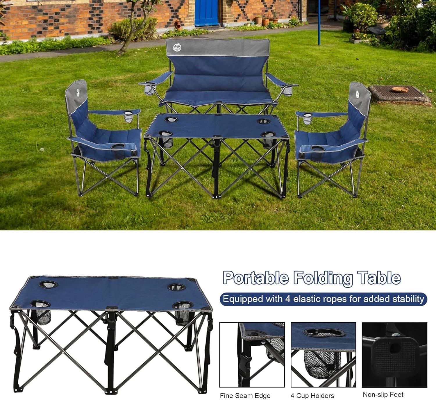 Folding Camping Chair Set of 4,Portable Collapsible Conversation Set w/1 Sofa,2 Single Chairs and 1 Table for Family Patio,Outdoor Travel,Beach(Blue) - Image 6