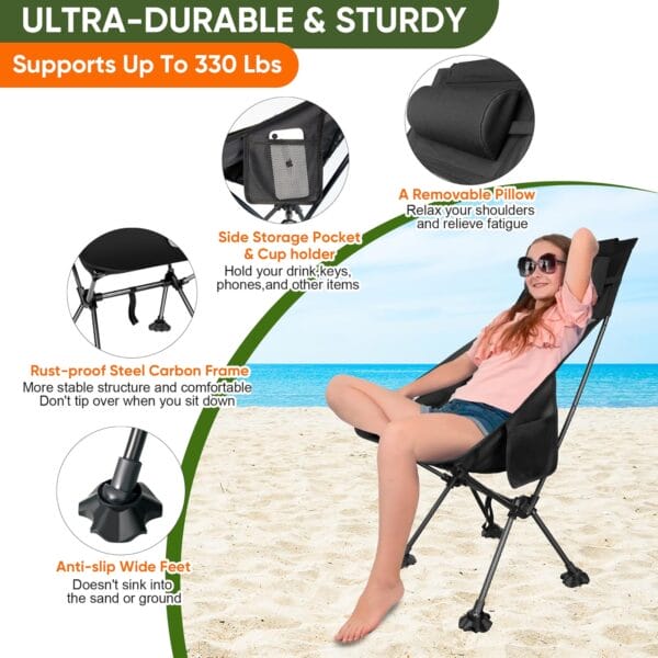 Camping Chairs,Portable Camping Chair for Adults with Headrest,Lawn Chairs Beach Chair with Anti-Sinking Feet Folding Backpacking Chair,Compact Foldable Travel Chair for Outdoor Camp Hiking Backpack - Image 4