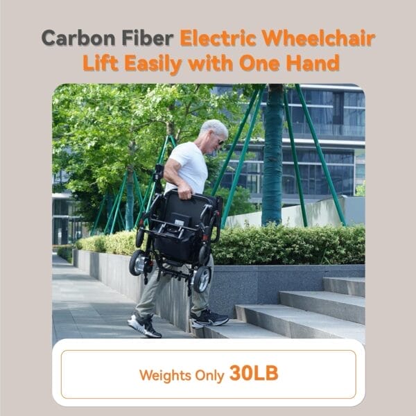 30lbs Carbon Fiber Electric Wheelchair for Adults, 15 Miles Ultra Lightweight Foldable Motorized Wheelchair,Intelligent Travel Power Wheelchair, Portable Airline Approved,Black - Image 2