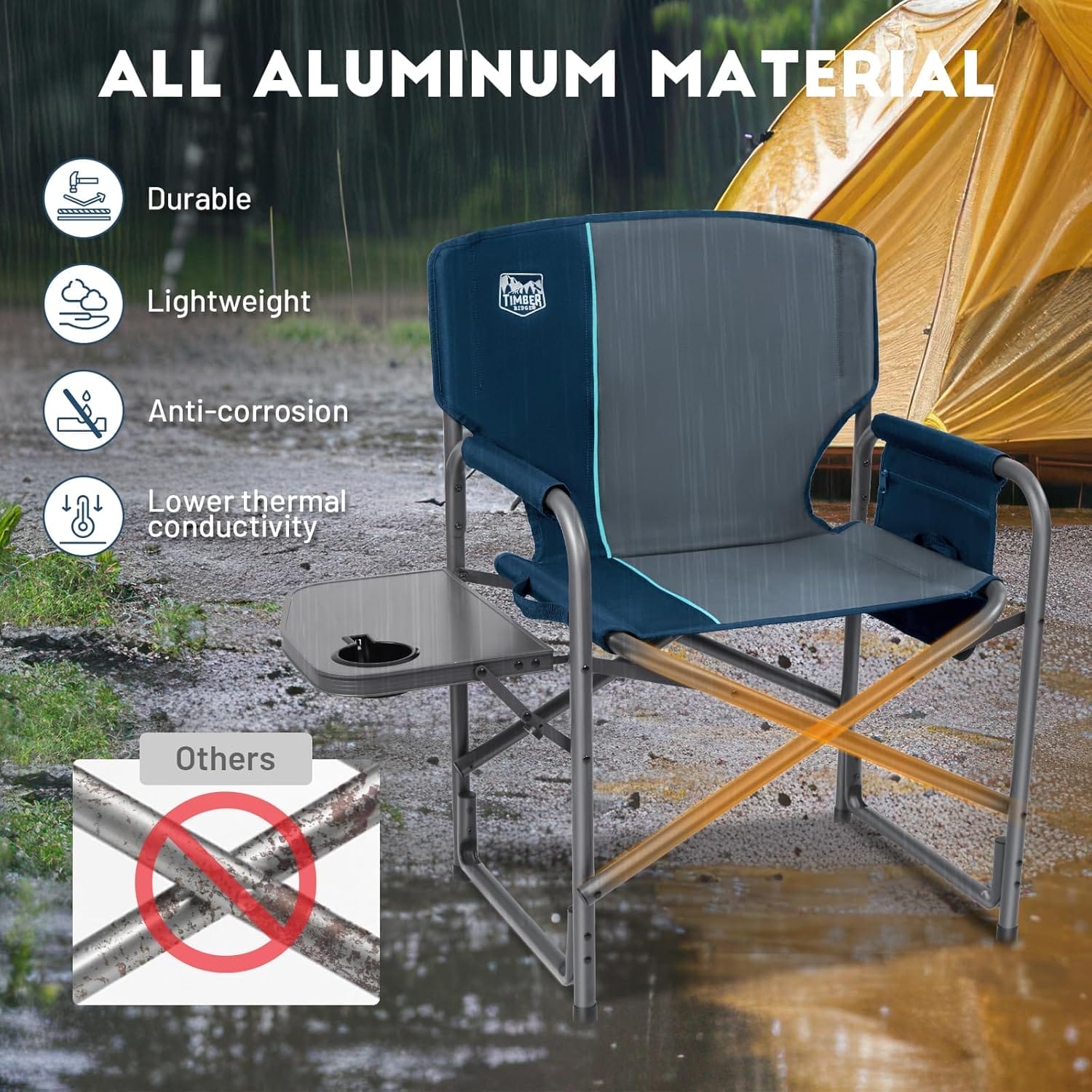 TIMBER RIDGE Aluminum Oversized Camping Chair, Lightweight Portable Directors Chair with Side Table Detachable Side Pocket for Outdoor Camping, Lawn, Picnic, Support 400lbs Blue - Image 5