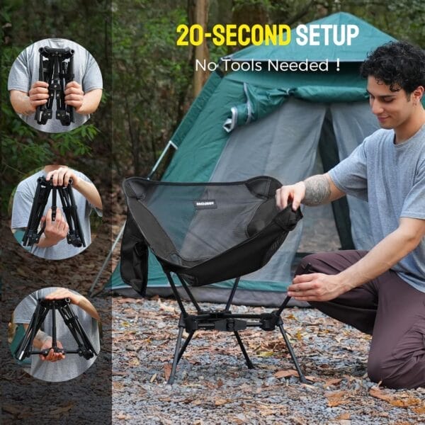 Portable Camping Chair – Lightweight, Compact & Heavy-Duty Folding Chair for Adults, Supports 330 lbs – Ideal for Backpacking Hiking, Fishing, Beach, Picnic & Lawn (Black) - Image 4