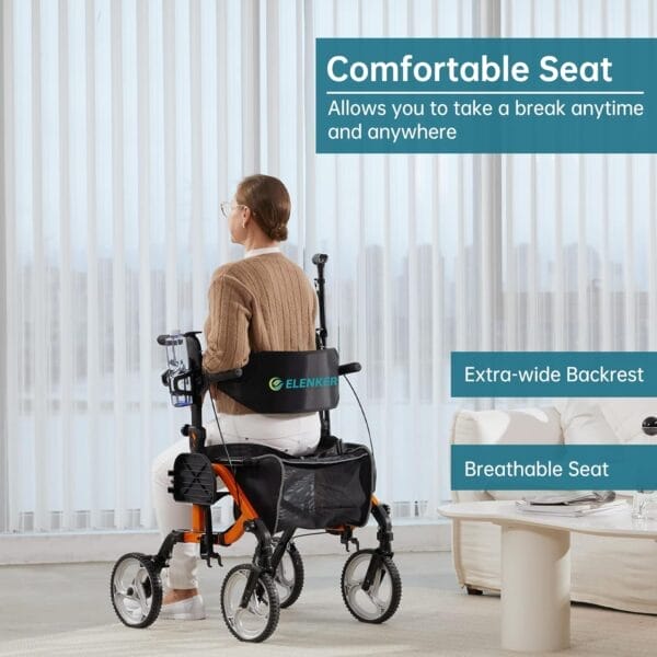 ELENKER 2 in 1 Rollator Walker & Transport Chair, Folding Wheelchair with 10” Non-Slip Wheels for Seniors, Reversible Backrest & Detachable Footrests, Orange - Image 4