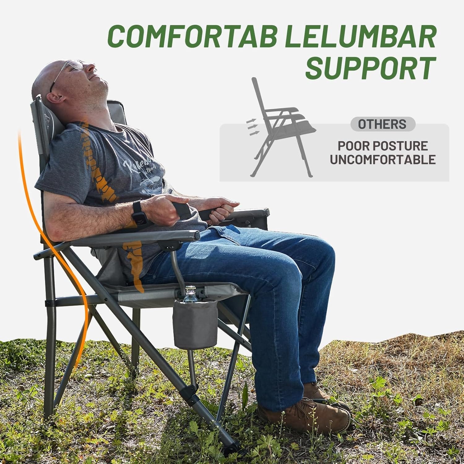TIMBER RIDGE Oversized Folding Camping Chair with Lumbar Support Adjustable High Back Heavy Duty for Adults Support up to 500lbs with Cup Holder, Cooler Bag, Side Pocket, Grey - Image 3