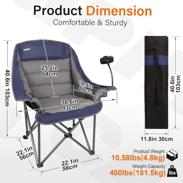 Camping Chairs for Adults-Oversized Extra Large Lawn Chair,Folding Comfy Padded Chair w/Phone Holder,Side Pocket,Cup Holder for Outdoor,Wide&Thick,Heavy Duty 400Lbs,Blue - Image 2
