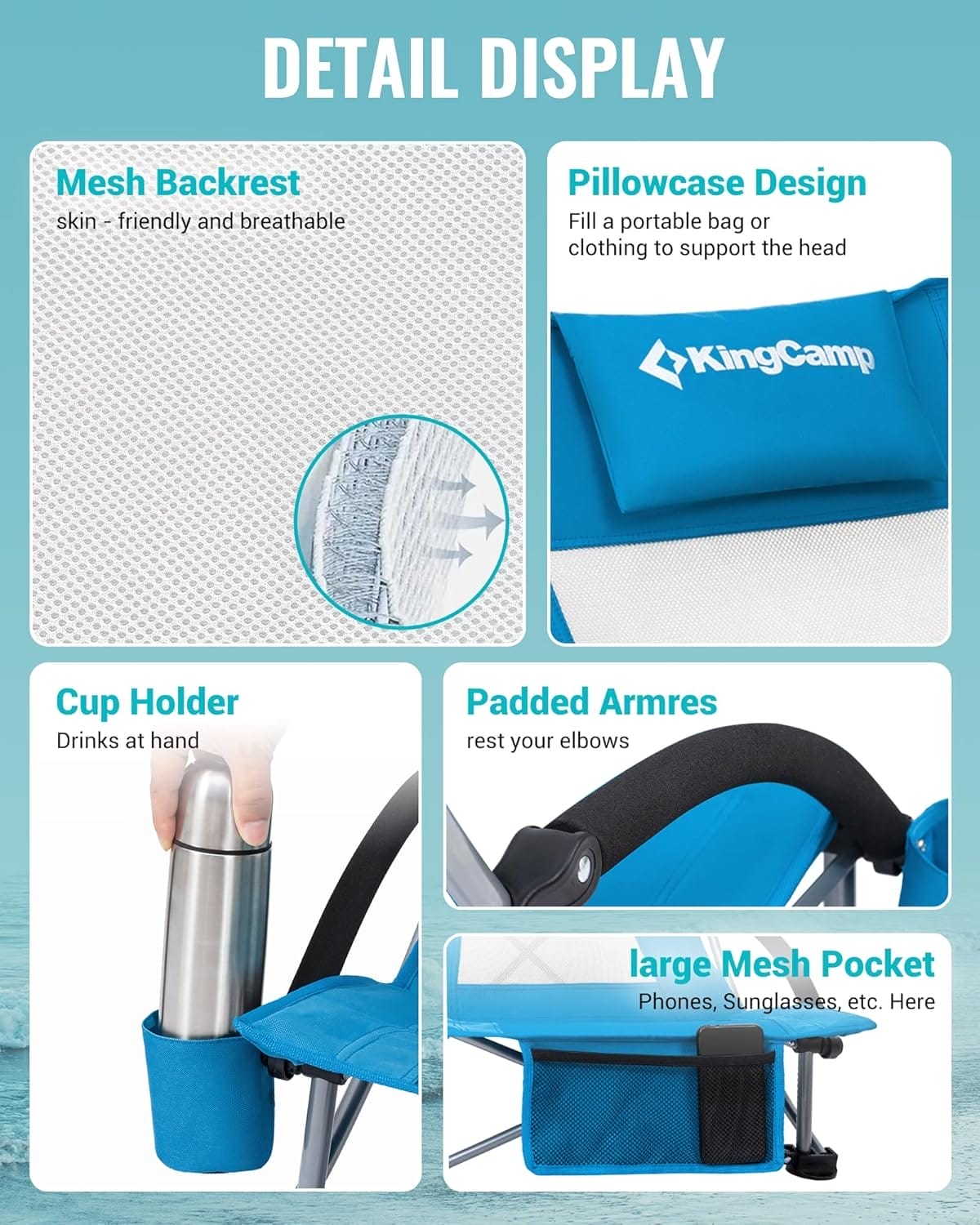 KingCamp Low Beach Chairs, Portable Folding Chair for Adults Extra Wide Ergonomic High Back Seat 300lbs Heavy Duty Lightweight Oversized Gear with Carry Bag for Outdoor Lawn Camping Picnic - Image 8