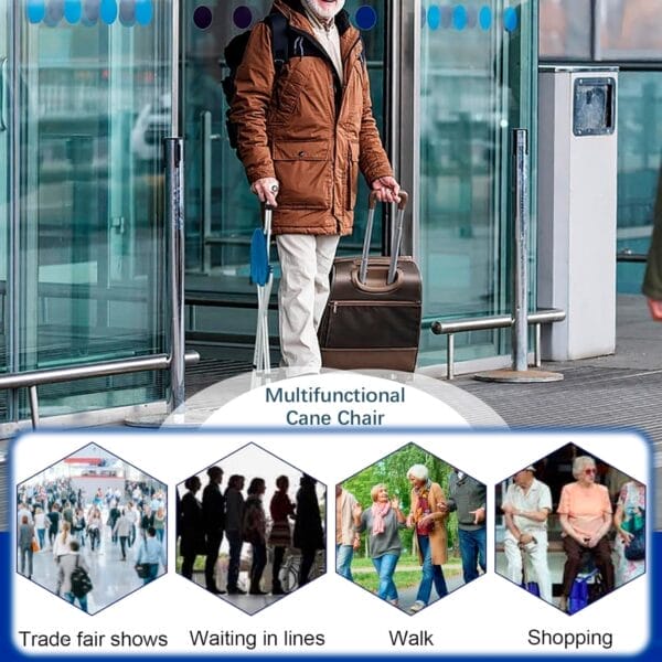 Walking cane with seat cane chair foldable walking stick with seat, adjustable cane stool for seniors elderly, lightweight aluminum, easy carry (blue) - image 9