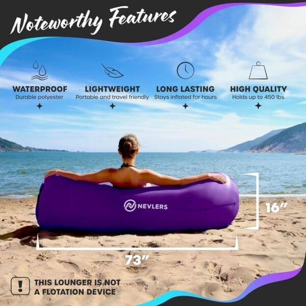 Nevlers Inflatable Lounger | 210T Polyester Inflatable Chair | No-Pump Blow Up Couch | Camping Couch Air Sofa Bed w/ 450 lbs. Cap., Pockets & Matching Bag | Use as Inflatable Couch for Adults & Kids - Image 2