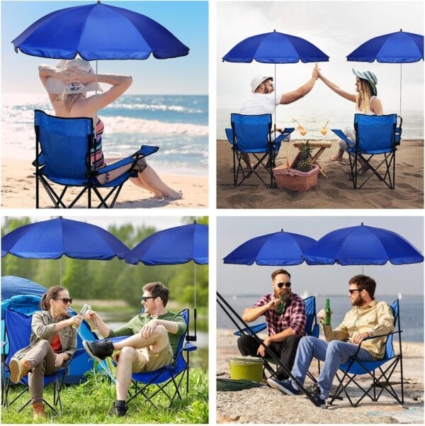 2 Pack Beach Chair with Umbrella for Adults Universal Clamp Folding Lightweight Adjustable Backpack Sling Beach Camping Chair with Cup Holder for Sand Camping Travel Outdoor Pool(Blue) - Image 6
