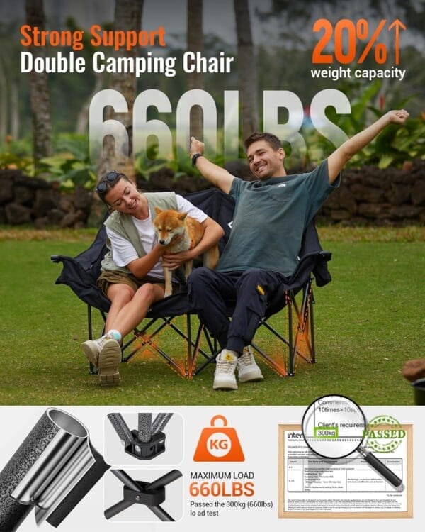 KingCamp Double Camping Chair, Oversized Heavy Duty Loveseat for Adults Portable Folding XL 2 Person Couch Padded Comfortable Two Seat with Cup Holder for Outdoor Lawn Backyard - Image 4