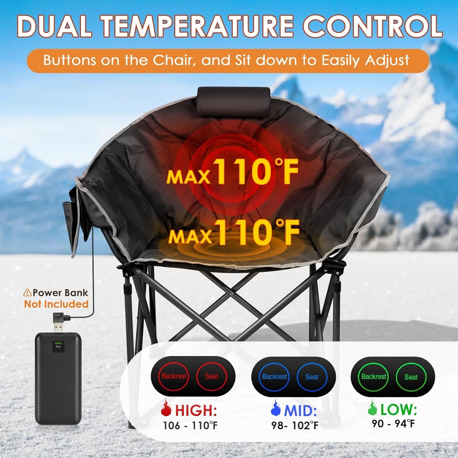 Suteck Oversized Heated Camping Chair, Heated Chairs Outdoor Sports W/3 Heat Levels for Back & Seat, Portable Folding Heated Lawn Chairs for Patio Outdoor Travel, (Battery NOT Included) - Image 5