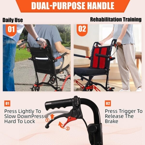 19LBS Lightweight Foldable Transport Wheelchair for Adults - Portable, Fold-Back Armrests, 8” Rear Wheels, Aluminum Frame, Ideal for Seniors & Travel - Image 7