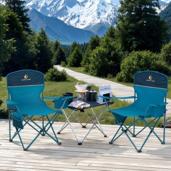 LET'S CAMP Camping Chair 2 Pack Folding Chair with 3-Can Cooler Bag Portable Lawn Chair with Cup Holder,Storage Pocket, Supports 225LBS, Collapsible Chair for Camp, Beach, Picnic (Blue) - Image 2