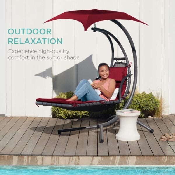 Best Choice Products Outdoor Hanging Curved Steel Chaise Lounge Chair Swing w/Built-in Pillow and Removable Canopy - Burgundy - Image 8