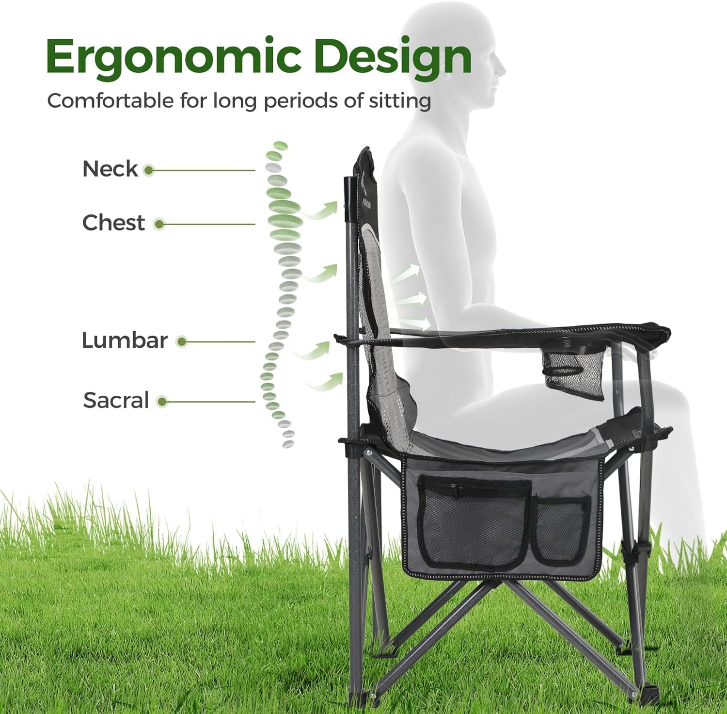 ALPHA CAMP 2PC Oversized Mesh Back Camping Folding Chair Heavy Duty Support 350 LBS Collapsible Steel Frame Quad Chair Padded Arm Chair with Cup Holder Portable for Outdoor (Black-2PC) - Image 3