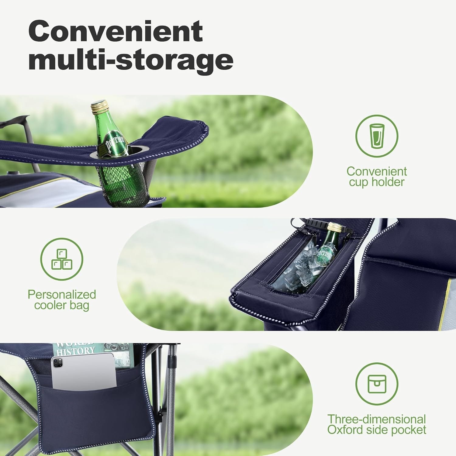 LET'S CAMP Oversized Folding Camping Chair Portable Outdoor Heavy Duty Padded Chairs Lawn Chair with Cup Holder, Storage Pocket and Cooler Bag, Supports 450LBS, for Camp, Travel, Picnic (Blue) - Image 7