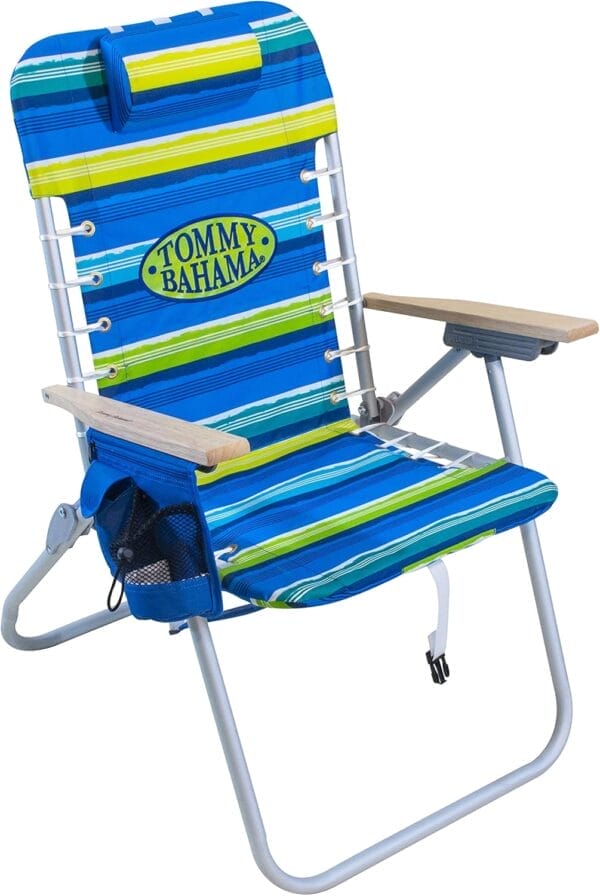 Tommy Bahama Hi-Boy 17" Seat Height 4-Position Lace-Up Suspension Folding Beach Backpack Chair, 1-Pack, Green and Blue Stripe