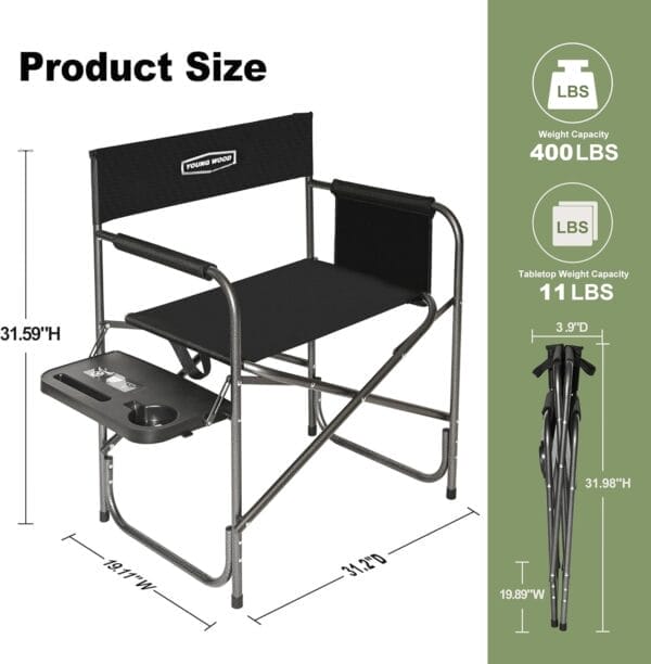 YOUNG WOOD Camping Directors Chair, Lightweight Oversized Portable Folding Chair with Side Table and Storage Pockets for Outdoor Camping, Lawn, Picnic and Fishing, Supports 400lbs (Black) - Image 2