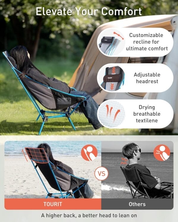 TOURIT Portable Folding Camping Backpack Chair with Head Support, High Back Stable Compact Outdoor Chair for Beach Picnic Travel Hiking, Supports 380 Lbs, Black - Image 3