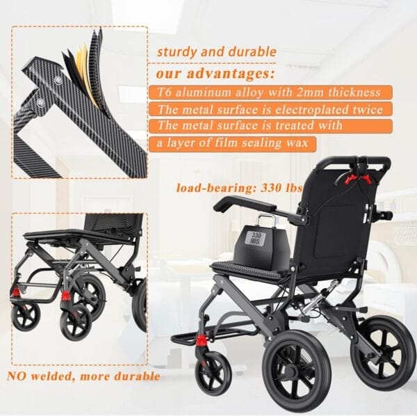 (18" Seat Width) Portable Transport Wheelchair Foldable Lightweight Travel Wheelchair with Telescopic Handle for Senior and Adults with Handbrakes Support 220lbs - Image 4