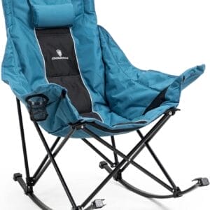 Dowinx Oversized Rocking Camping Chair, Fully Padded Patio Chair with Side Pocket and Carry Bag, High Back Portable Lawn Recliner with Headrest, Support 300 lbs, Blue