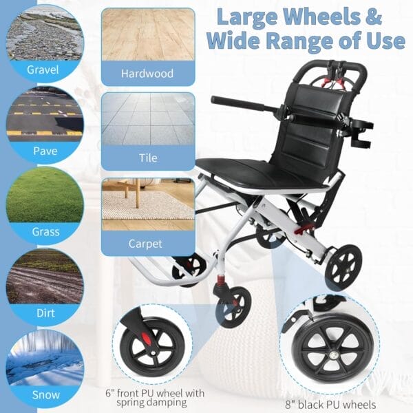 Lightweight Transport Wheelchair with Telescopic Handle, Folding Travel Wheelchairs for Adults Seniors Kids, Portable Padded Transport Chair with Travel Bag, Support 200lbs - Image 6