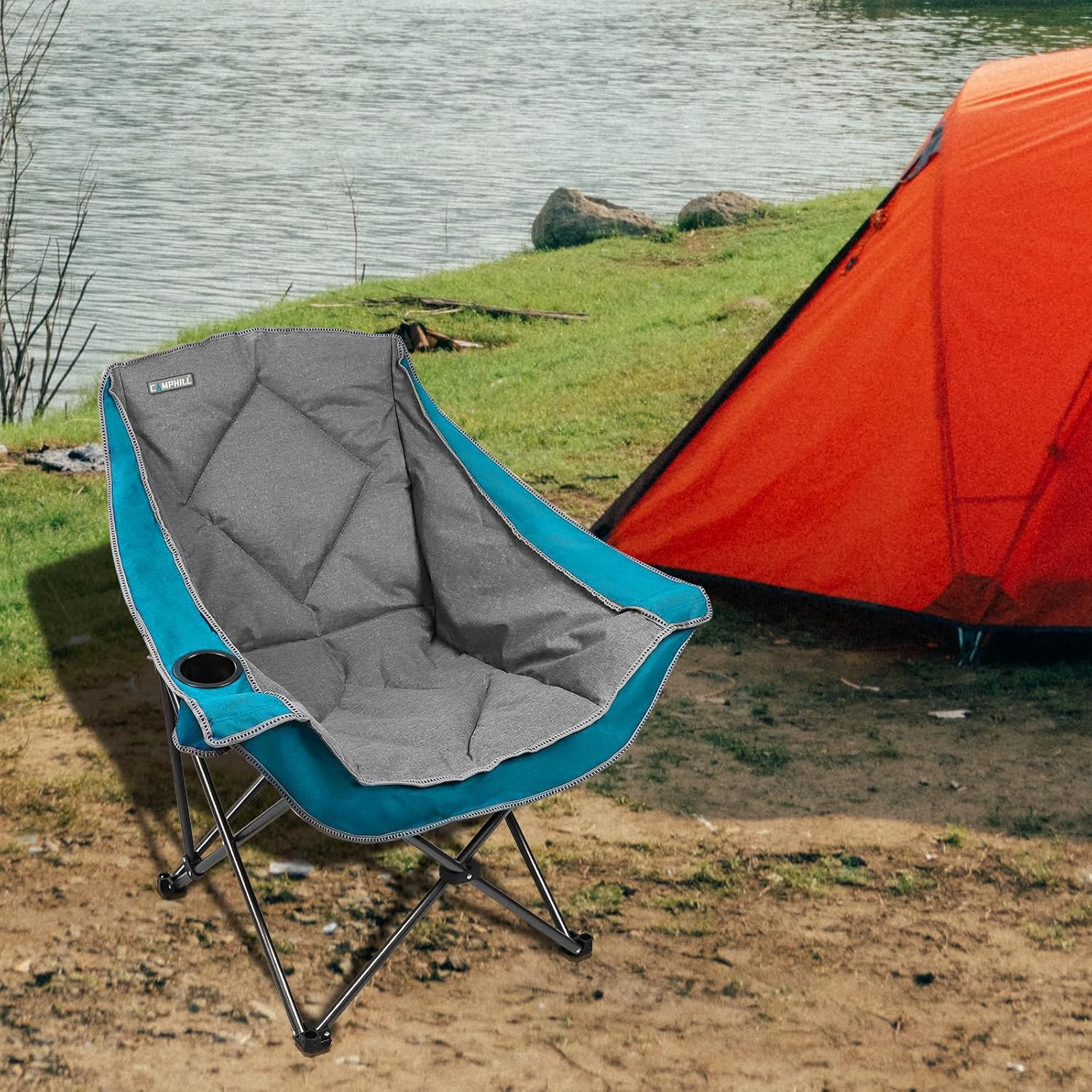 Folding Camping Chair,Oversized Portable Camping Chair with Cup Holder,Heavy Duty Padded Lawn Chair for Camping,Tailgates,Beach,and Sports,Lake Blue - Image 2
