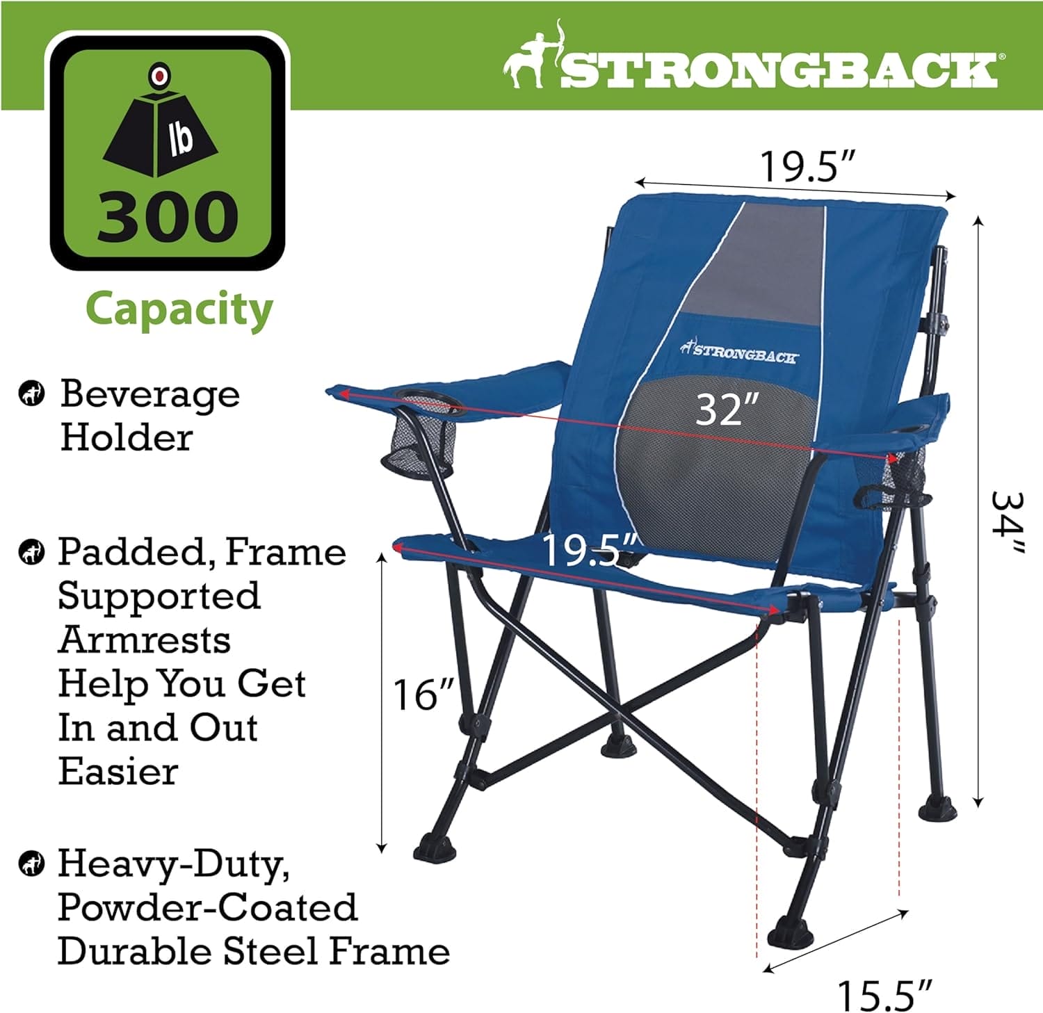 STRONGBACK Camping Chair Guru Heavy Duty Camping Chairs with Lumbar Suppor - Backpack Folding Camp Chair - Navy - Image 2