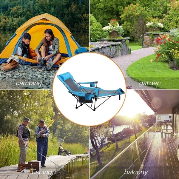 Reclining Camping Chair with Removable Footrest Lounge Chair with Headrest, Cotton Cushion, Portable Adjustable Folding Chairs for Adults Blue - Image 8