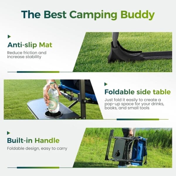 ALPHA CAMP Oversized Folding Camping Chairs High Backrest Reclining Director Heavy Duty Lawn Chairs for Adults Support 300 LBS Fishing Chairs with Large Side Table Cup Holders for Outdoor Fishing - Image 7