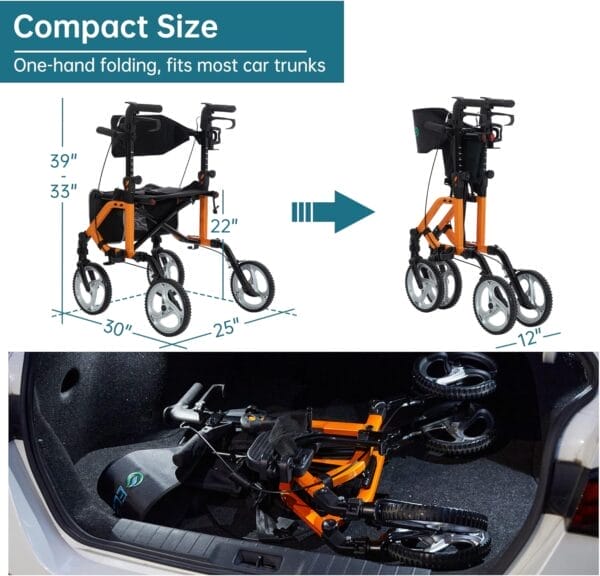 ELENKER 2 in 1 Rollator Walker & Transport Chair, Folding Wheelchair with 10” Non-Slip Wheels for Seniors, Reversible Backrest & Detachable Footrests, Orange - Image 6